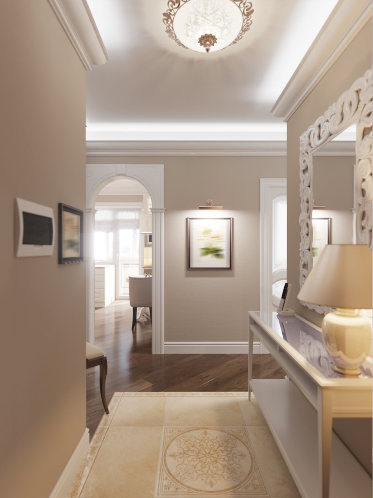 couloir décoré avec des toiles et des tableaux